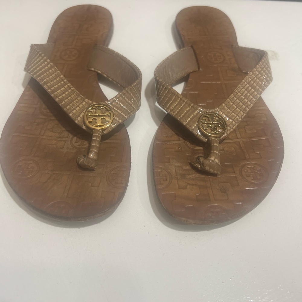 Tory Burch Gold-Accent Brown Leather Logo Thong Sandals